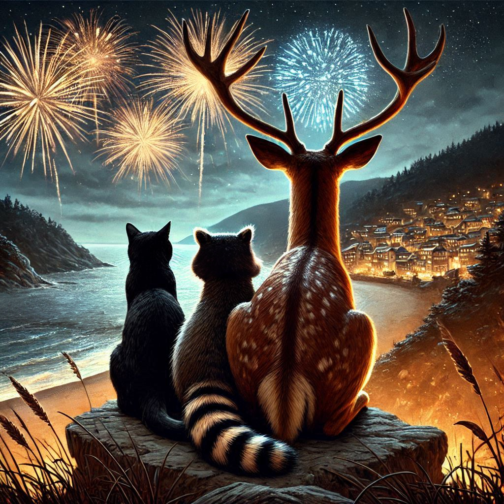 A cat, raccoon, and deer, sitting on a cliff overlooking a beach watching fireworks.