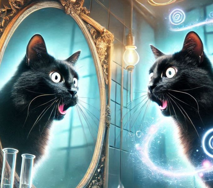 A shocked black cat gaping at itself in the mirror.