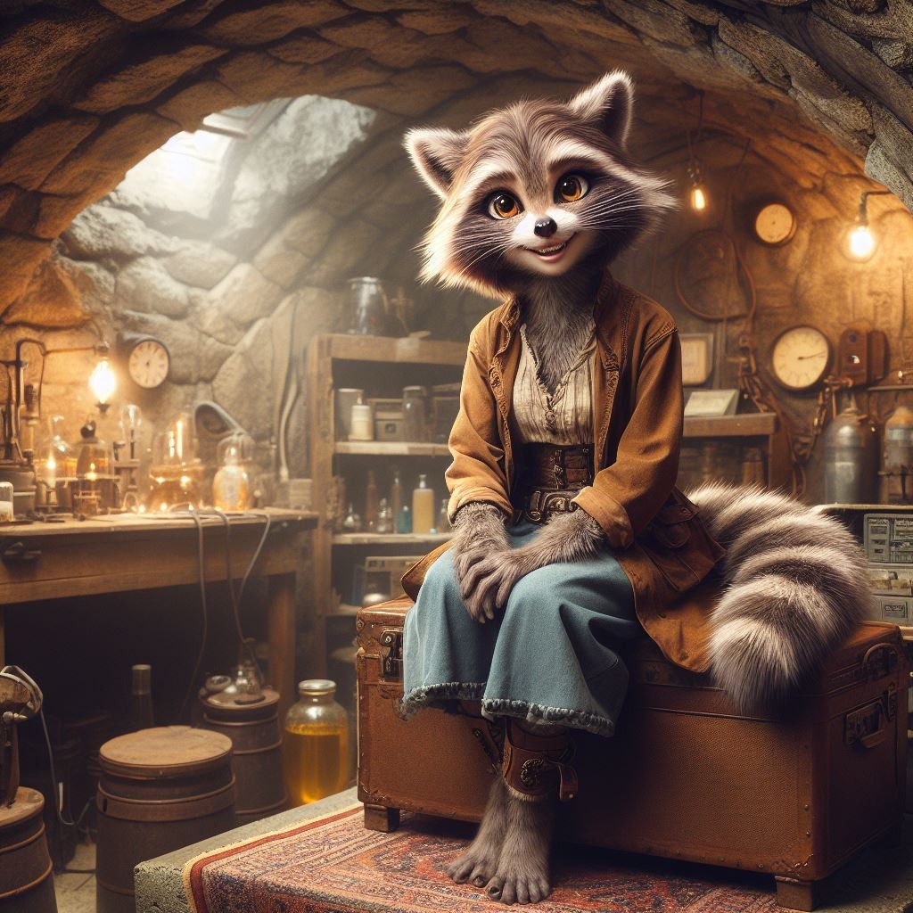 A humanoid raccoon in stylish clothing sitting on a bench and smiling.