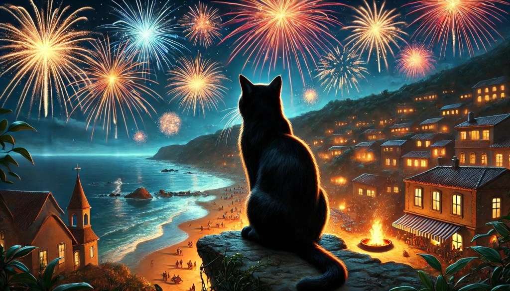 A black cat sitting on a cliff overlooking a beach filled with people at night watching fireworks overhead.
