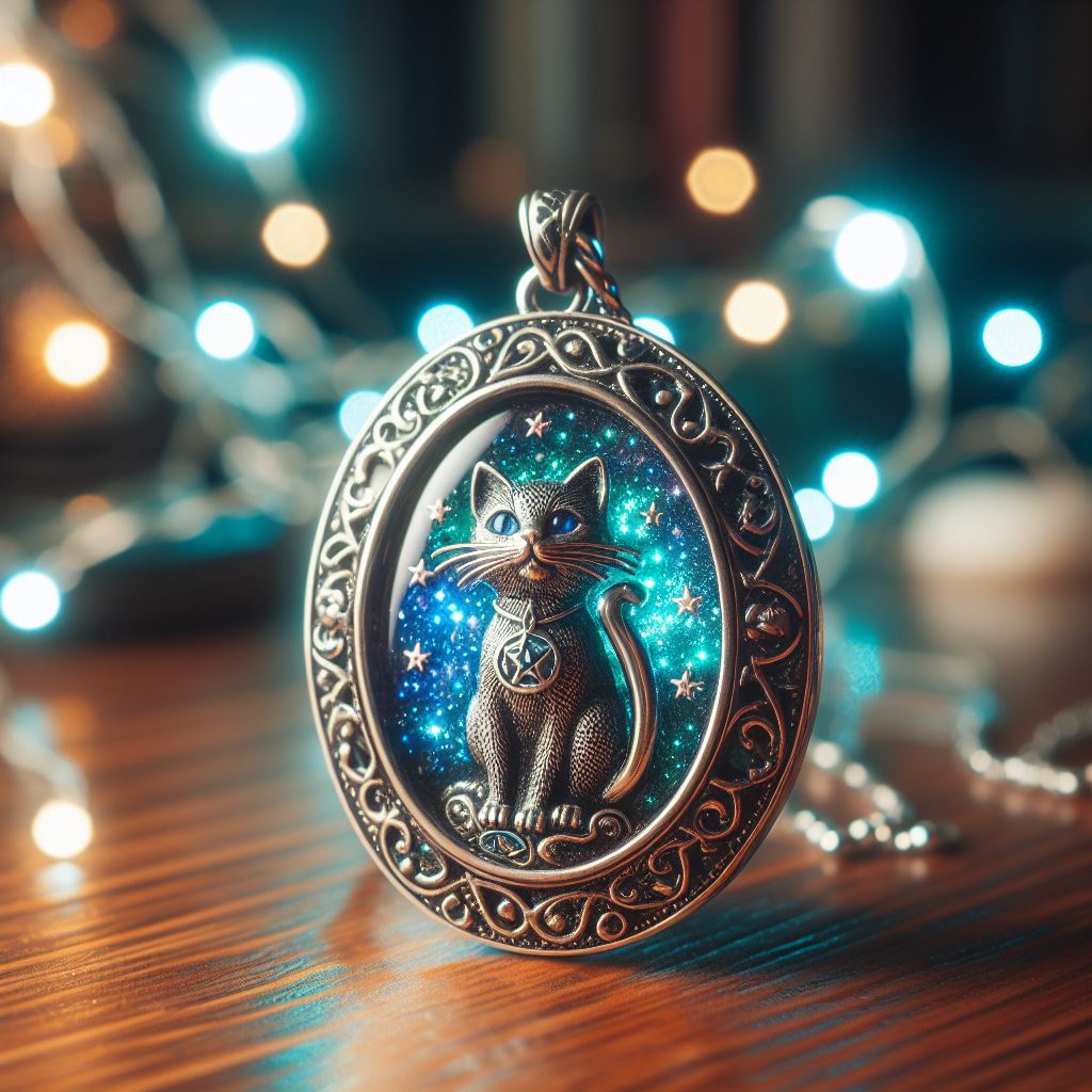 A locket with a small cat inscribed on the front wearing an even smaller locket. The locket glows with magic.