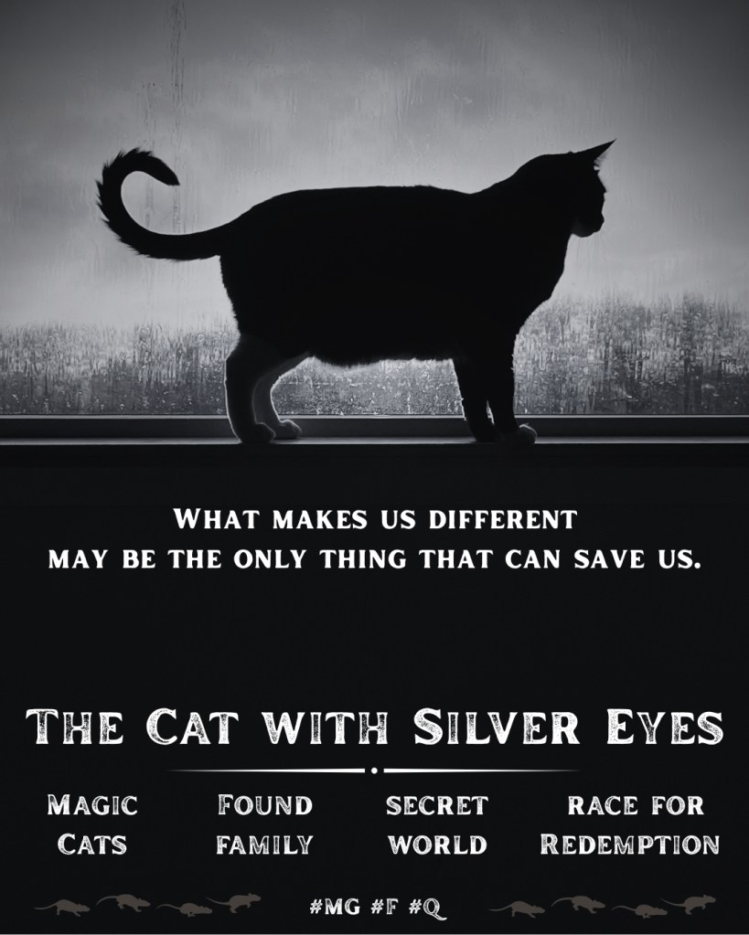 A movie poster in black and white with the silhouette of a cat in a rainy window. Text says "What makes use different, may be the only thing that can save us." Title is "The Cat with Silver Eyes" and the bylines say "Magic cats, Found family, Secret world, and Race for Redemption"