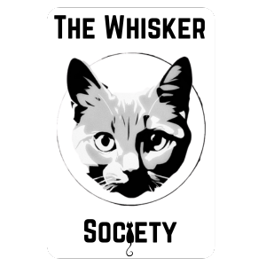 A greyscale cat face in a circle with the words "The Whisker Society" above and below it.